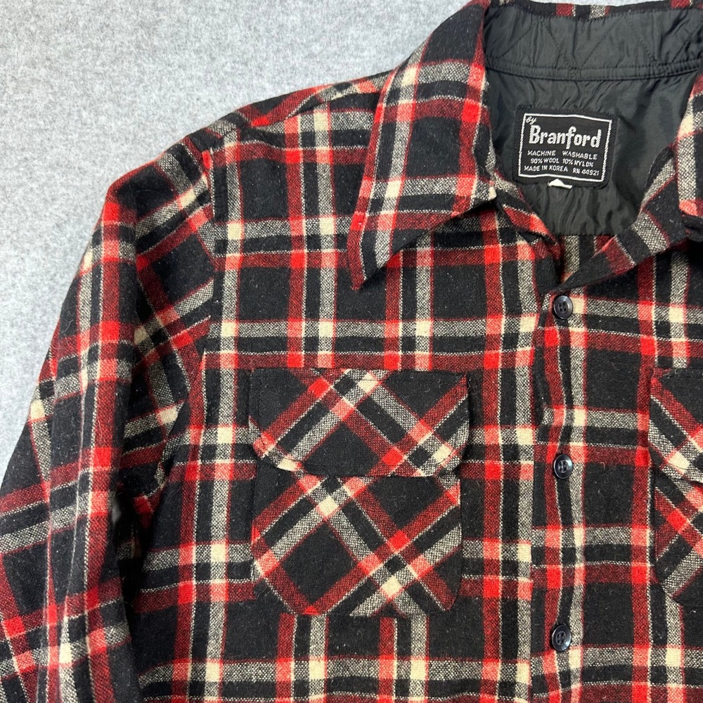Vtg 70s Branford Wool Blend Plaid Surf Shirt Red Black Mens L‎ Korea Loop Collar